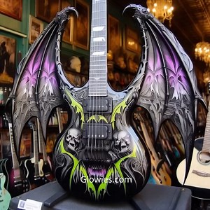 These gothic guitars are pure dark magic—drenched in purple, green, and black with sharp wings like a vampire bat mid-flight. The design is fierce and mysterious, perfect for musicians who crave a little chaos with their chords. Glowing details give the guitar an eerie, otherworldly vibe under stage lights. It’s not just an instrument—it’s a creature of the night. 🦇🎸💜💚 | Gothic Darling