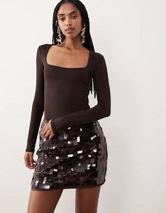 Abercrombie & Fitch - Curve Love Scarlett - Gonna pantalone a vita ultra alta marrone con paillettes | ASOS