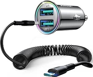 JOYROOM 4.8A Mini Cigarette Lighter USB Car Charger with Type C Coiled Cable for iPhone 15 Pro, Dual USB Car Charger Adapter Fast Charge for iPhone/Samsung/Android