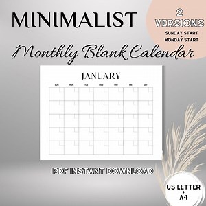 Monthly Blank Calendar Printable | Sunday Start | Monday Start | Simple Calendar | Minimalist Planner | Instant Download | Undated - Etsy Canada