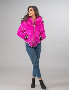 Zippered Rabbit Fur Jacket in Fuchsia Color With a Hood That Has a Fluffy Real Fox Finishing. Modern Winter Fur Jacket Fur Women,custom Size - Etsy