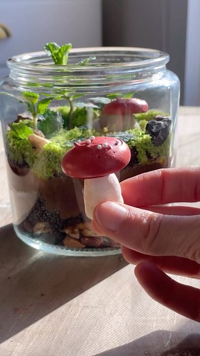 Mini Edible Terrarium 🍄🌱 inspired by @mustloveherbs ! I saw Lauren’s amazing dirt pudding creation I was so inspired- it really got me in the spring mood! I created a mini version in a small glass jar. I layered chocolate rocks, walnut pieces, chocolate cake, chocolate pudding, and golden Oreo crumbs colored green for the “moss”. You could get creative with the layers and mix and match with your favorite flavors! On top I added a few sprigs of mint and some meringue mushrooms. My kids loved ea