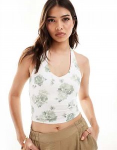Hollister v-neck halter top in green floral print with support bra | ASOS