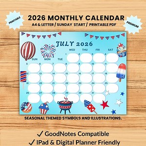 July 2026 Printable Calendar Horizontal Monthly Calendar July 2026 Planner Sunday Start Letter Size Seasonal Calendar Instant Download PDF - Etsy Australia