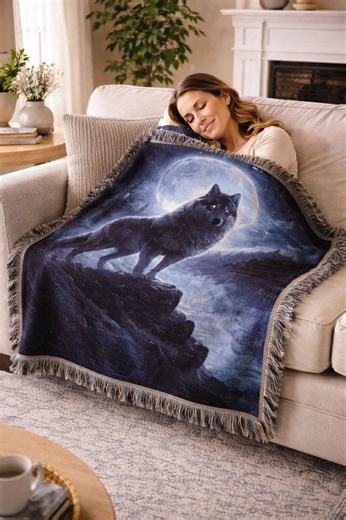 Wolf in Moonlight Blanket, Majestic Night Wolf Throw, Cozy Cabin Bedding, Full Moon Wolf Art Blanket, Wilderness Home Decor Gift - Etsy