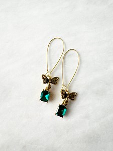 Gold Dragonfly Earrings With Green Rhinestones: Upcycled Insect Jewelry - Etsy