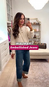 2.4K views · 165 reactions | Y’all! We found the cutest @walmart gold embellished jeans! Comment OUTFIT LINKS to shop! ️This adorable cozy sweater also comes in pink!  Wearing size S in it and size 2 in the jeans. Y’all will love them! P.S. make sure to check out our IG stories for a closer look! ♥️ #walmart #walmartfinds #walmartfashion #walmartstyle #casualstyle #whattowear #affordablefashion | The DoubleTake Girls | Facebook