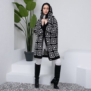 Black Grannysquare Knitted Woman Cardigan, Crochet Afghan Cotton Cardigan, Hooded Jacket, Boho Cardigan, Long Oversized Sweater - Etsy