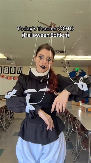 Mrs. Sunshine on Instagram: "Happy Halloweeeen! 🖤🤍 Btw I pivoted this look for off-the-clock fun by making bloomers high waisted (so shorter) and changing the corset to a leather corset. . . #teacher #halloween #marionette #ootd"