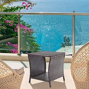 Outdoor Patio Side Table Small Brown Wicker Rattan End Table for Outside Storage Coffee Table with Poly Lumber Table Top for Garden Lawn Pool Porch Deck