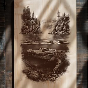 Crocodile PNG Engraving | Wilderness River Clipart Underwater Scene | Forest Cliff Landscape Line Art | Perfect for Laser, CNC, Wood Burning - Etsy