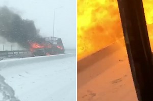 Rubbernecking driver survives huge highway fireball