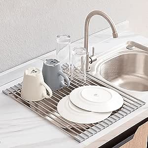 LIMNUO Roll Up Dish Drying Rack, Over The Sink Dish Drying Rack Kitchen Rolling Dish Drainer Foldable SUS304 Dish Drying Rack for Kitchen Sink Counter (16.5''(W) 13.2''(L), Gray)