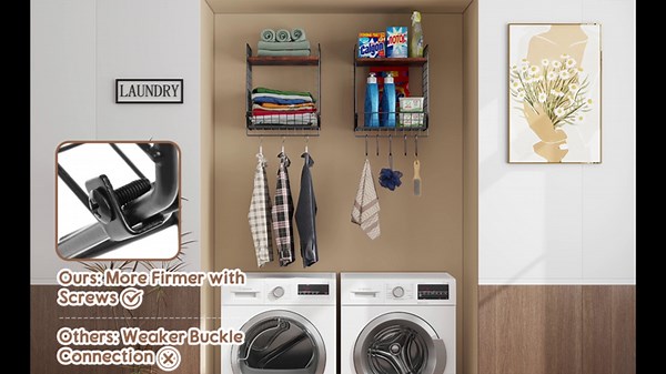 2 Pack Adjustable Laundry Room Organizer and Storage with Wire Baskets, Wood Laundry Room Shelves Wall Mounted Over Washer and Dryer Wire Shelves Baskets with 18 Grids Clothes Drying Racks & 5 Hooks