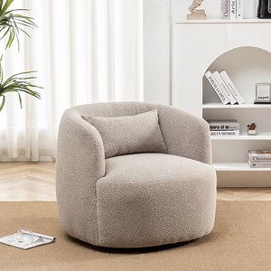 34" Wide Boucle Swivel Barrel Chair, No Assembly Round Upholstered Armchair Accent Chair Single Sofa Chair with Toss Pillow for Living Room and Bedroom, Taupe