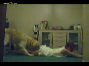 Cute amateur teen lets her dog lick her pussy