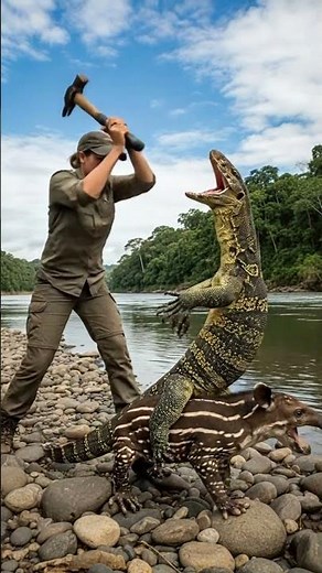 Woman Attacks Huge Monitor Lizard to Save a Baby Tapir