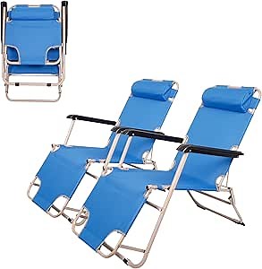 Outdoor Folding Lounge Chair Set of 2 Lightweight Portable Patio Reclining Lawn Chair with Adjustable Position Full Flat Beach Lounger Chaise Lounge with Footrest and Removable Pillow,Blue
