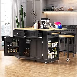 Rolling Kitchen Island with Drop Leaf & Power Outlet, Large Kitchen Islands Cart on Wheels, Movable Kitchen Island with 5 Open Storage Shelves & Towel Rack for Kitchen, Dining Room, 48-Inch, Black
