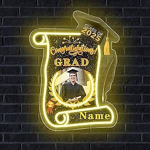 Personalized Graduation Gift Neon Signs Congrats Grad LED Light Signs with Photo 2024 Backdrop Decor for Party Bedroom Garage(A-Black and Gold)