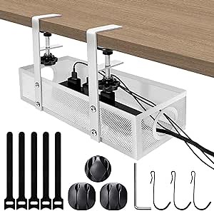 Seloom Under Desk Cable Management Tray No Drill, Cable Management Under Desk with Clamp, Desk Wire Management Rack Cable Organizer, Desk Cable Management Box for Home Office - No Damage to Desk