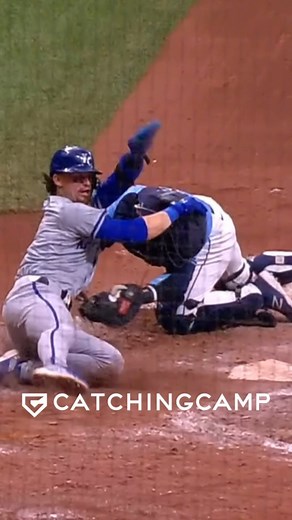 Catchers…KEEP THE MASK ON! This right here is why we advocate to keep the mask on during plays at home plate. @rortvedt22 does a fantastic job with his setup and approach to the tag. He did everything needed to keep himself safe and still took a blow to the head. The masks we use today are designed for us to be able to see throws from the outfield just fine. High throw? Look up! Your neck is not broken! You can see everything simply by moving your head. Taking the mask off does a couple of bad t