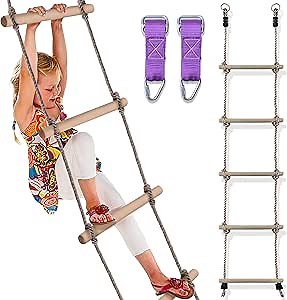 Trailblaze Wooden Rope Ladder for Kids – 6ft Outdoor Climbing Ladder with Real Wood Rungs, Heavy-Duty Rope & 2 Carabiners – Treehouse, Swing Set, Ninja Course & Playground Accessory