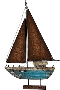 Attraction Design Wood Sailboat Decor Nautical Decoration, 13.43 H Sail Boat Decor Display Rustic Nautical Beach Theme Room Decor Nautical Tabletop Decor for Living Room Bathroom Home Decor (Blue)