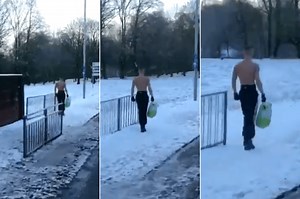 Shirtless hardman walks 'taps aff' with shopping in -6C snow in Kilmarnock