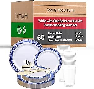 Elegant Disposable Plastic Dinnerware Set for 60 Guests - Fancy White with Blue Rim Dinner Plates, Dessert Salad Appetizer Plates, Silverware Set & Cups For Wedding, Birthday Party & All Occasions