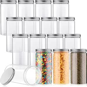 Dandat 16 Pack 30 oz Plastic Jars with Lids Plastic Mason Bottles Container Canister Wide Mouth Cylinders Kitchen Home Organize Storage for Dry Good, Spice, Honey, Candy, Peanut Butter(Silver)