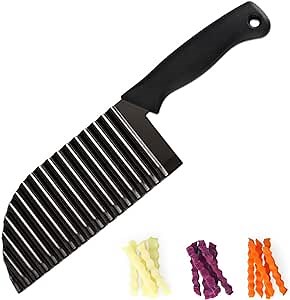 Crinkle Cutter Vegetable Stainless Steel Deeper Crinkle Slicer Sharp Blade with Hang Hole Wavy French Fries Chopper for Potato, Carrot, Etc (Black)