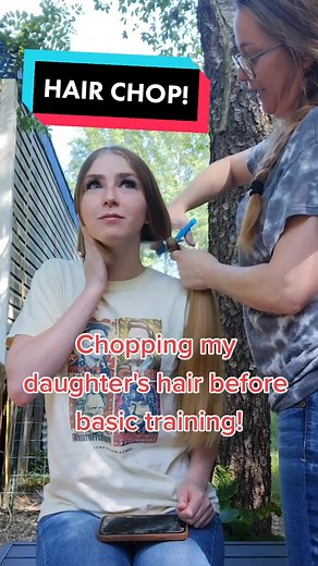 Chopping off my daughter's long beautiful hair before basic training. Cutting her hair also symbolizes sacrifice and regrowth. #fyp #healthadepopit #fypシ #haircut #haircutbymom #army #basictraining #trainee #private #platoon #laughs #haha #memories
