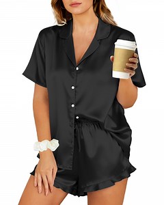 UVN Pajamas Sets for Women Short Sleeve Button Down Tops and Ruffle Shorts 2 Piece Outfit Satin Silk Pjs Sleepwear Loungewear