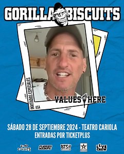Porcell, la leyenda del hardcore neoyorquino, los invita al show debut de Gorilla Biscuits en Chile en el que presentará todo el PMA de su nueva banda Values Here🔥 Sábado 28 de Septiembre, Teatro Cariola🗓️ Entradas por Ticketplus Chile🎟️ | BTS!! Producciones
