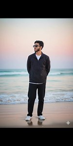 promt A young man standing on a beach during sunset, looking to his left with hands behind his back. And wears black sunglasses, a black casual jacket with a zipper, a white undershirt, loose-fit black pants, and white sneakers. The sand reflects his feet slightly, and gentle ocean waves are visible in the background. The sky is pastel with soft pink, blue, and purple tones. Natural lighting, calm mood, minimalist style, full-body shot, cinematic photography, shallow depth of field, high resolut