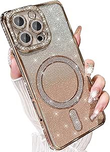 Magnetic Glitter Case for iPhone 16 Pro Max [Compatible with MagSafe] Women Cute Clear Bling Sparkle Diamond Rhinestone Case Camera Lens Protectors Cover for iPhone 16 Pro Max (Gold)