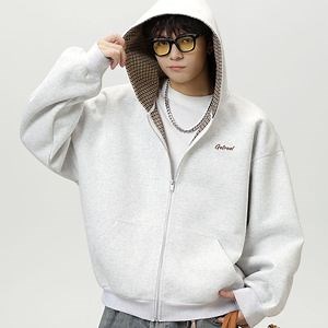 [Hot Item] Quadrille Pattern Color-Blocked Inner Lining Hooded Sweatshirt Retro Zipper Jacket for Men (CFQDNZ-2513)