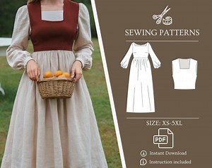 Set Vintage Cottagecore Dress and Top Sewing Pattern, Long Sleeve Historical Dress, Renaissance Inspired Dress, Linen Dress, PDF Pattern - Etsy