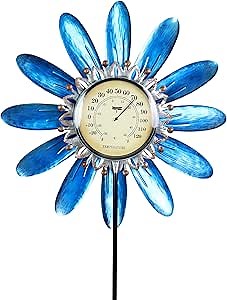 Exhart Wind Spinner, Blue Flower Spinning Garden Stake with Thermometer, Kinetic Wind Powered Metal Outdoor Lawn Decor and Yard Art, 17.5 x 2.5 x 50 Inch