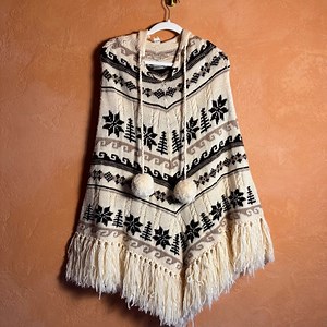 J.Crew 100% Wool Fair Isle Hooded Fringe Poncho One Size