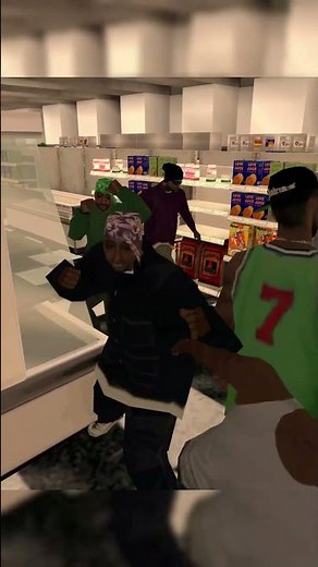 Bare fist brawl Grove Street vs Ballas gang at Minimarket