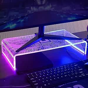 CoolGift Mart Light Up Monitor Stand Riser, Acrylic Computer Stand with PCB Pattern Blue Pink LED Lights for Desktop Laptop, Gifts for Boys Girls Gamers