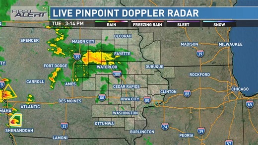 Pinpoint doppler radar shows some scattered showers and storms moving est. The strongest cells are developing near the IA/NE border. -Joe | KCRG-TV9 First Alert Weather