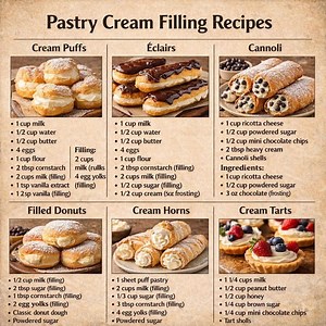1. Cream Puffs with Pastry Cream Ingredients Choux Pastry • 1/2 cup water • 1/2 cup milk • 1/2 cup butter • 1 cup flour • 4 eggs Pastry Cream Filling • 2 cups milk • 1/2 cup sugar • 4 egg yolks • 2 tbsp cornstarch • 1 tsp vanilla Instructions 1. Boil water, milk, and butter. Add flour and stir until dough forms. 2. Cool slightly, then beat in eggs one at a time. 3. Pipe onto tray and bake at 200°C (400°F) for 20–25 minutes. 4. Heat milk. Whisk yolks, sugar, cornstarch. 5. Slowly add hot milk to 