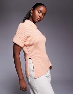 ASOS DESIGN stuffed neck short sleeve knit slit side top in peach | ASOS