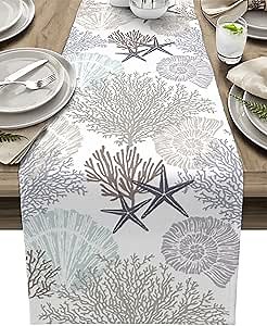 Nautical Coastal Table Runners Ocean Beach Coral Table Runners for Dining Room Starfish Grey Dinner Runner Kitchen Indoor Outdoor Patio Party Decor, 13x48 Inch