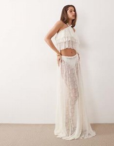 Noughts & Kisses lace ruffle halterneck top and maxi skirt co-ord in ivory | ASOS