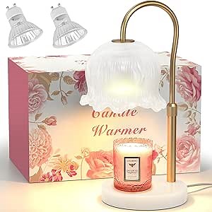 Candle Warmer Lamp with Timer - Modern Flower Shape, Dimmable, Hight-Adjustable Candle Warming Lamp with Premium Marble Base for Jar Candles, Scented Wax, 2 Bulbs Included for Home Decor
