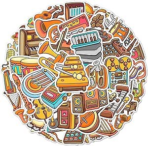 Pack 50 Pcs Music Instrument Stickers for Water Bottles Waterproof Laptop Luggage Computer Journaling Scrapbooking Teens Adults Girls Aesthetic Sticker Packs Small Vinyl Decals